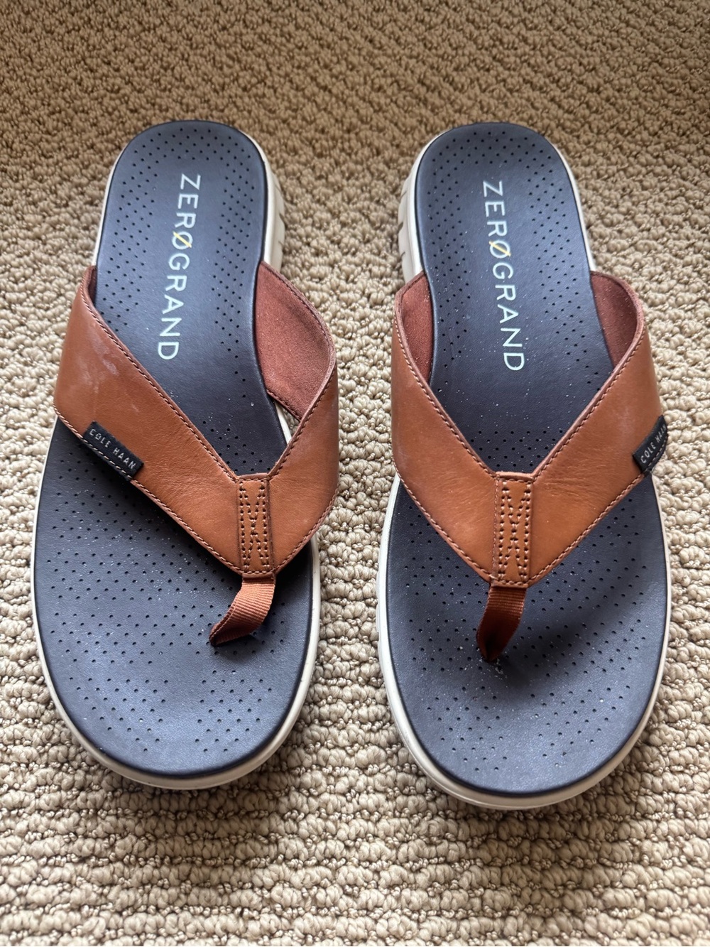 Cole Haan Brown Leather Zerogrand Men's Flip-Flop Sandals, size 12
